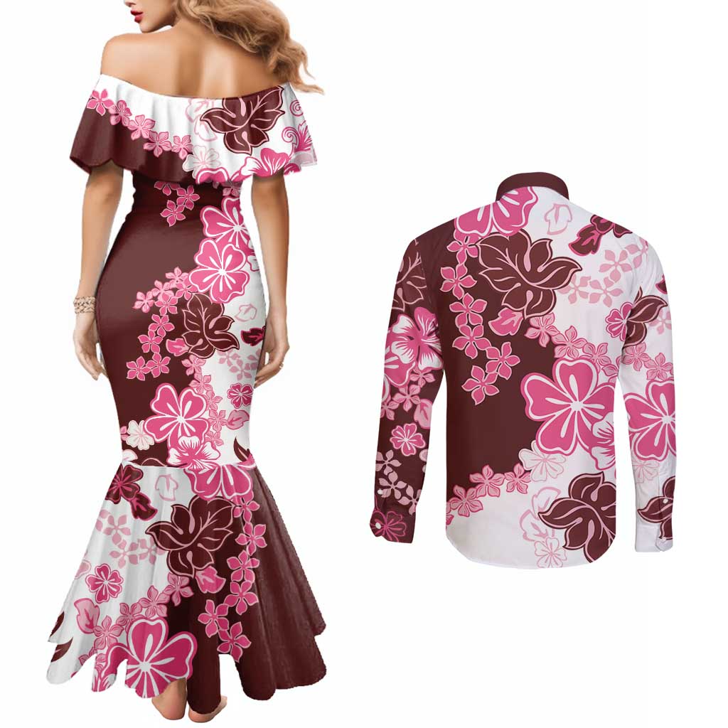 Pink Hibiscus Plumeria Floral Couples Matching Mermaid Dress and Long Sleeve Button Shirt - Polynesian Pride