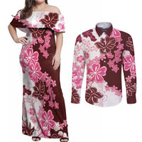 Pink Hibiscus Plumeria Floral Couples Matching Off Shoulder Maxi Dress and Long Sleeve Button Shirt - Polynesian Pride