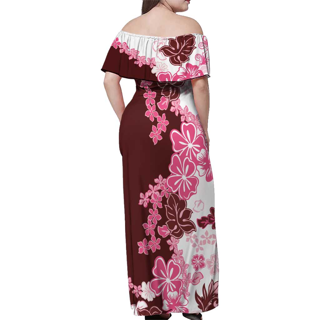 Pink Hibiscus Plumeria Floral Family Matching Off Shoulder Maxi Dress and Hawaiian Shirt - Polynesian Pride