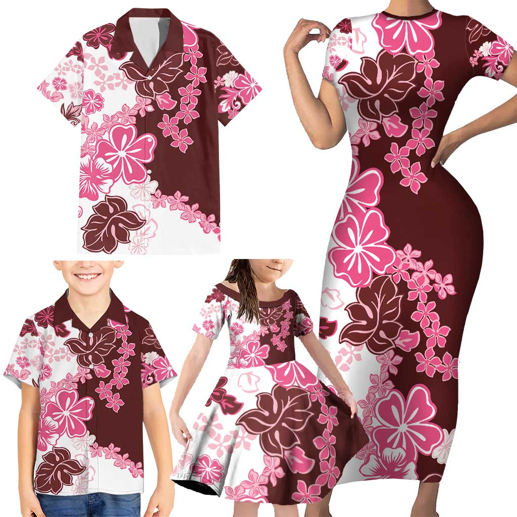 Pink Hibiscus Plumeria Floral Family Matching Short Sleeve Bodycon Dress and Hawaiian Shirt LT01 - Polynesian Pride