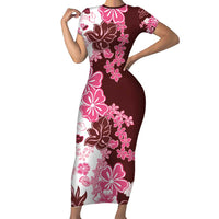 Pink Hibiscus Plumeria Floral Family Matching Short Sleeve Bodycon Dress and Hawaiian Shirt LT01 Mom's Dress Pink - Polynesian Pride