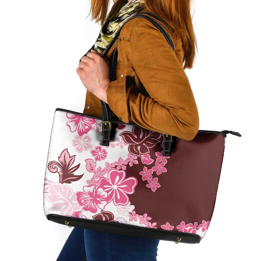 Pink Hibiscus Plumeria Floral Leather Tote Bag - Polynesian Pride