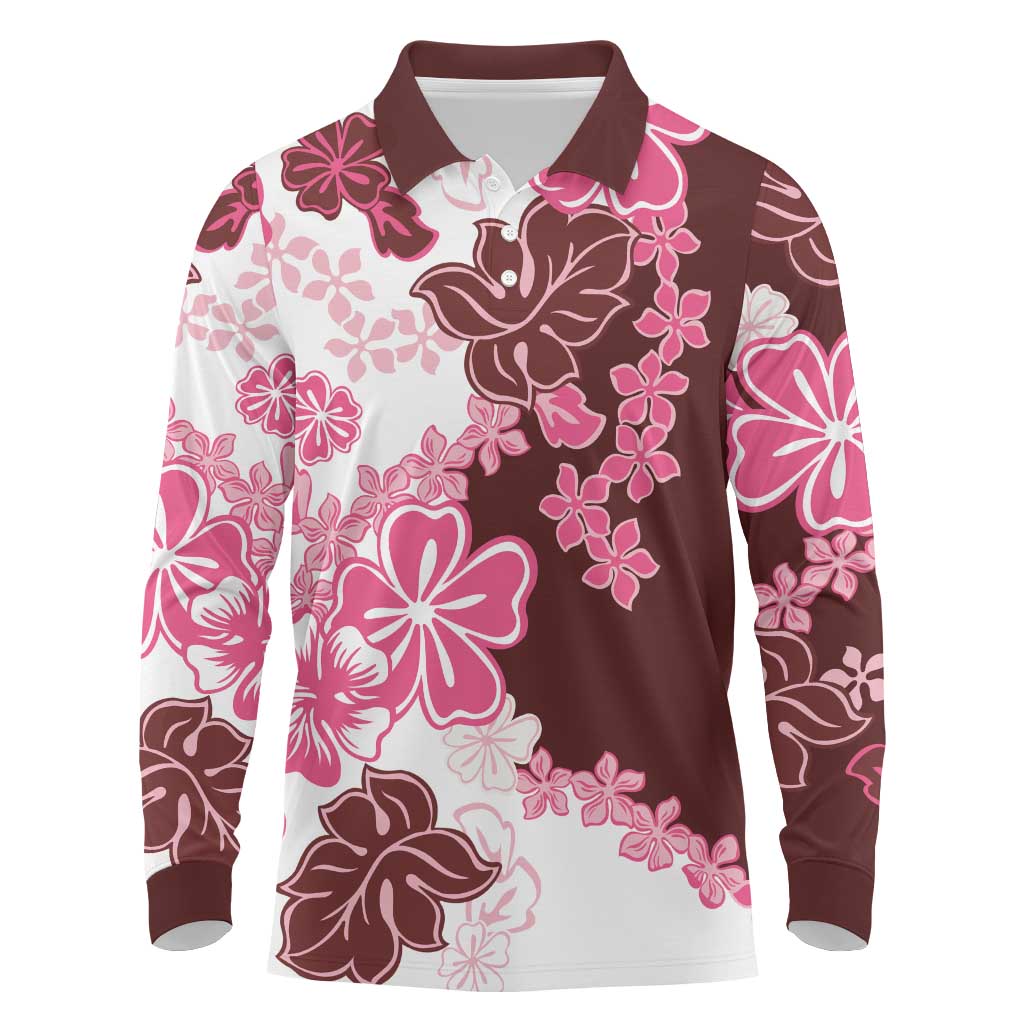 Pink Hibiscus Plumeria Floral Long Sleeve Polo Shirt LT01 Pink - Polynesian Pride