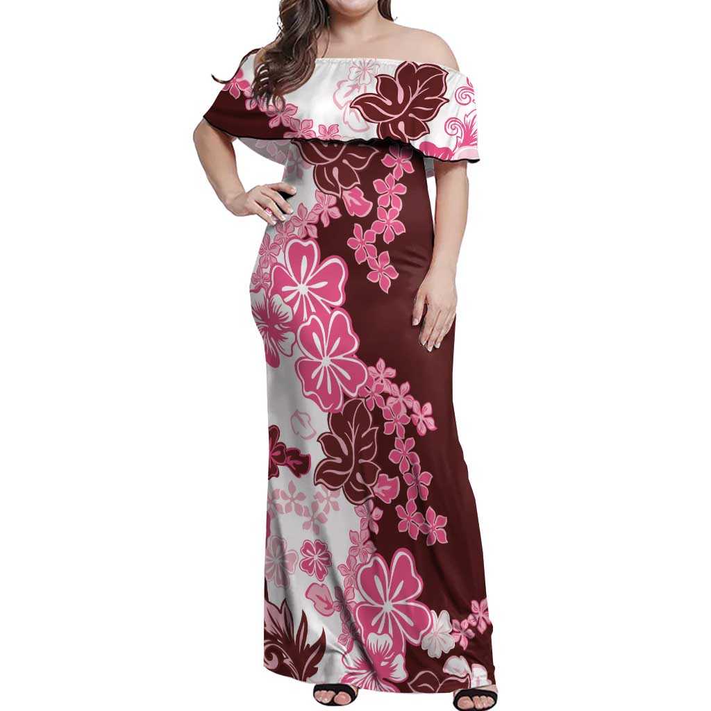 Pink Hibiscus Plumeria Floral Off Shoulder Maxi Dress - Polynesian Pride