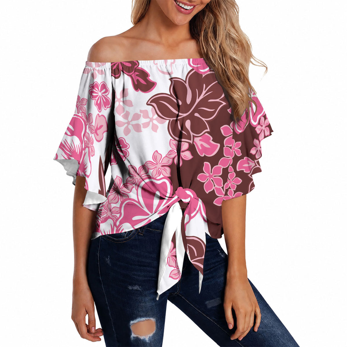 Pink Hibiscus Plumeria Floral Off Shoulder Wrap Waist Top LT01 - Polynesian Pride