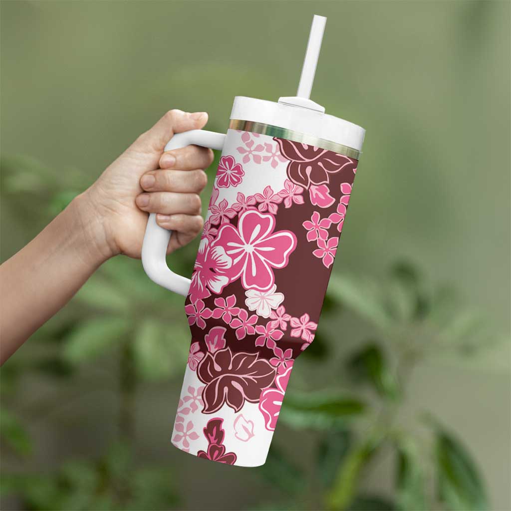 Pink Hibiscus Plumeria Floral Tumbler With Handle - Polynesian Pride