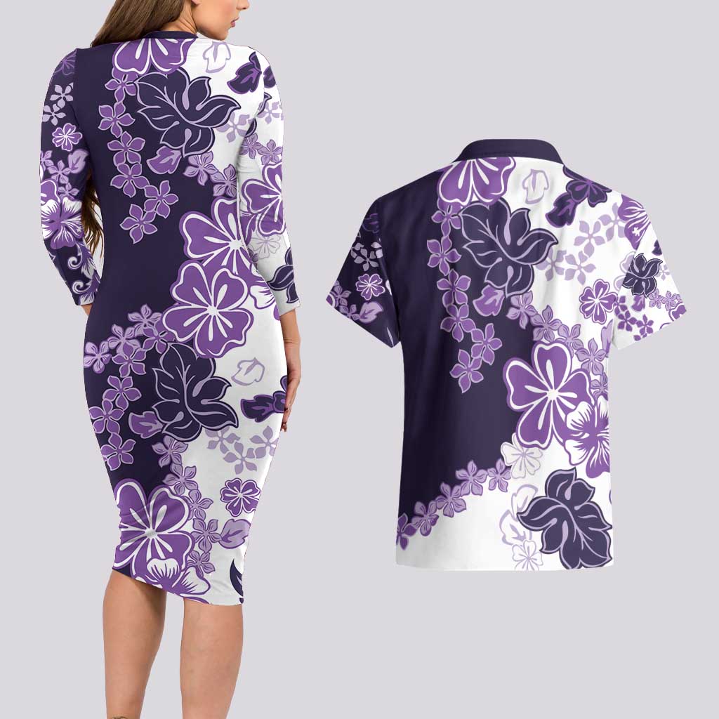 Purple Hibiscus Plumeria Floral Couples Matching Long Sleeve Bodycon Dress and Hawaiian Shirt LT01 - Polynesian Pride