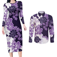 Purple Hibiscus Plumeria Floral Couples Matching Long Sleeve Bodycon Dress and Long Sleeve Button Shirt - Polynesian Pride