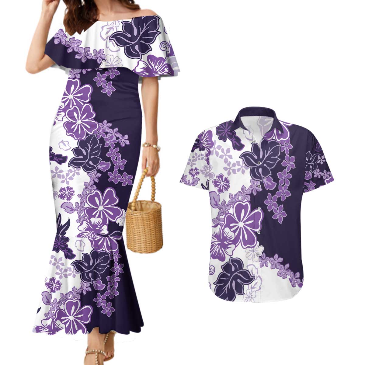 Purple Hibiscus Plumeria Floral Couples Matching Mermaid Dress and Hawaiian Shirt LT01 Purple - Polynesian Pride