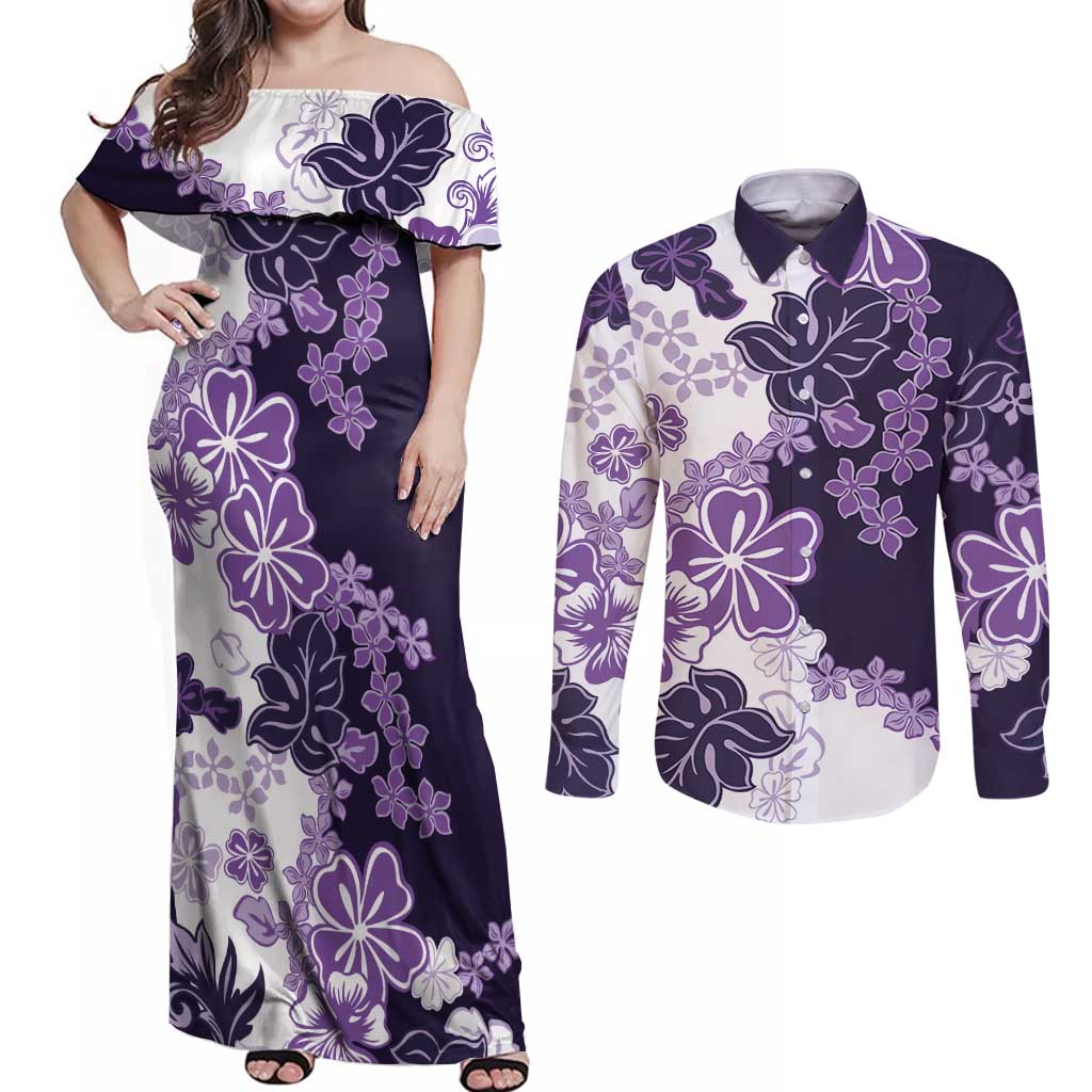 Purple Hibiscus Plumeria Floral Couples Matching Off Shoulder Maxi Dress and Long Sleeve Button Shirt - Polynesian Pride