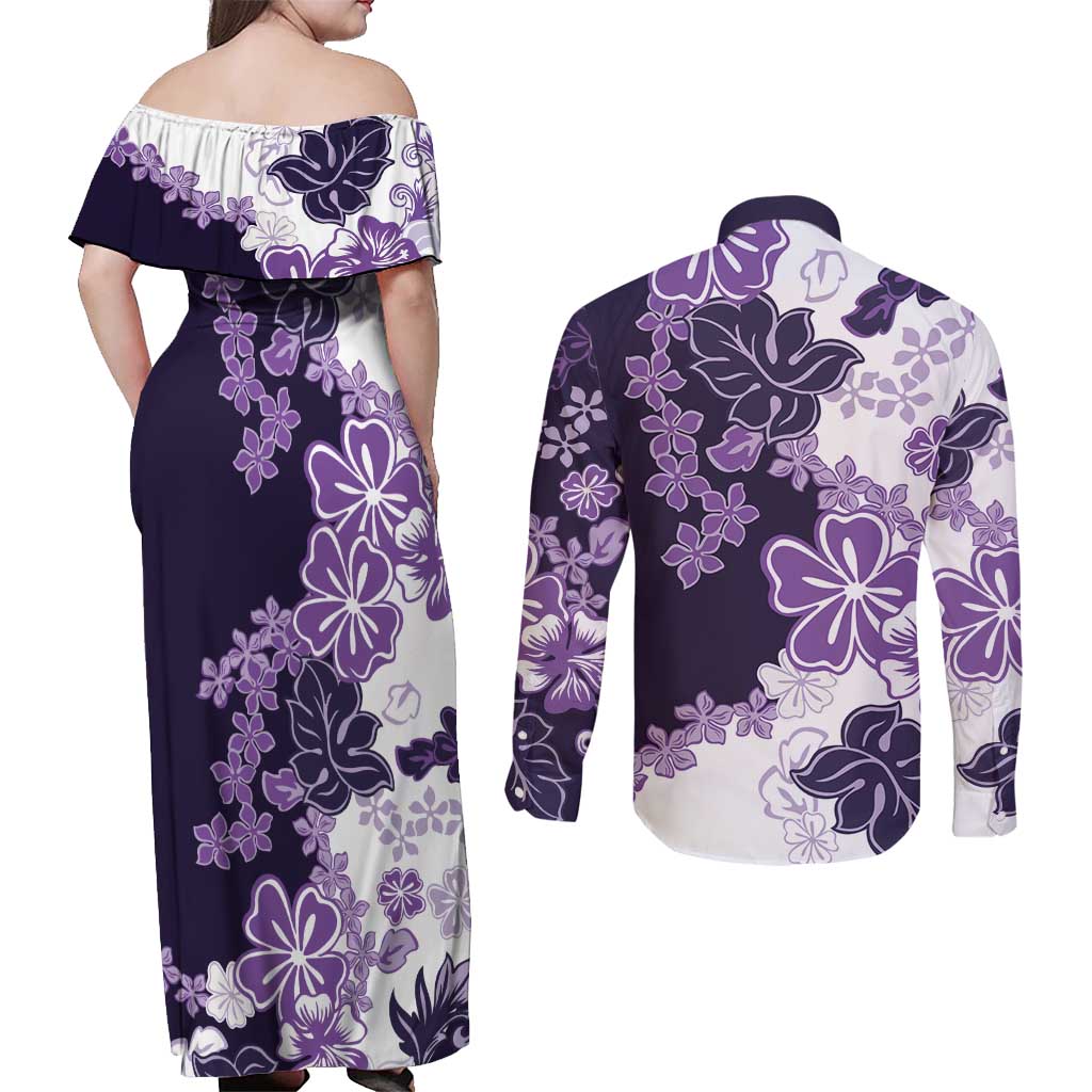 Purple Hibiscus Plumeria Floral Couples Matching Off Shoulder Maxi Dress and Long Sleeve Button Shirt - Polynesian Pride