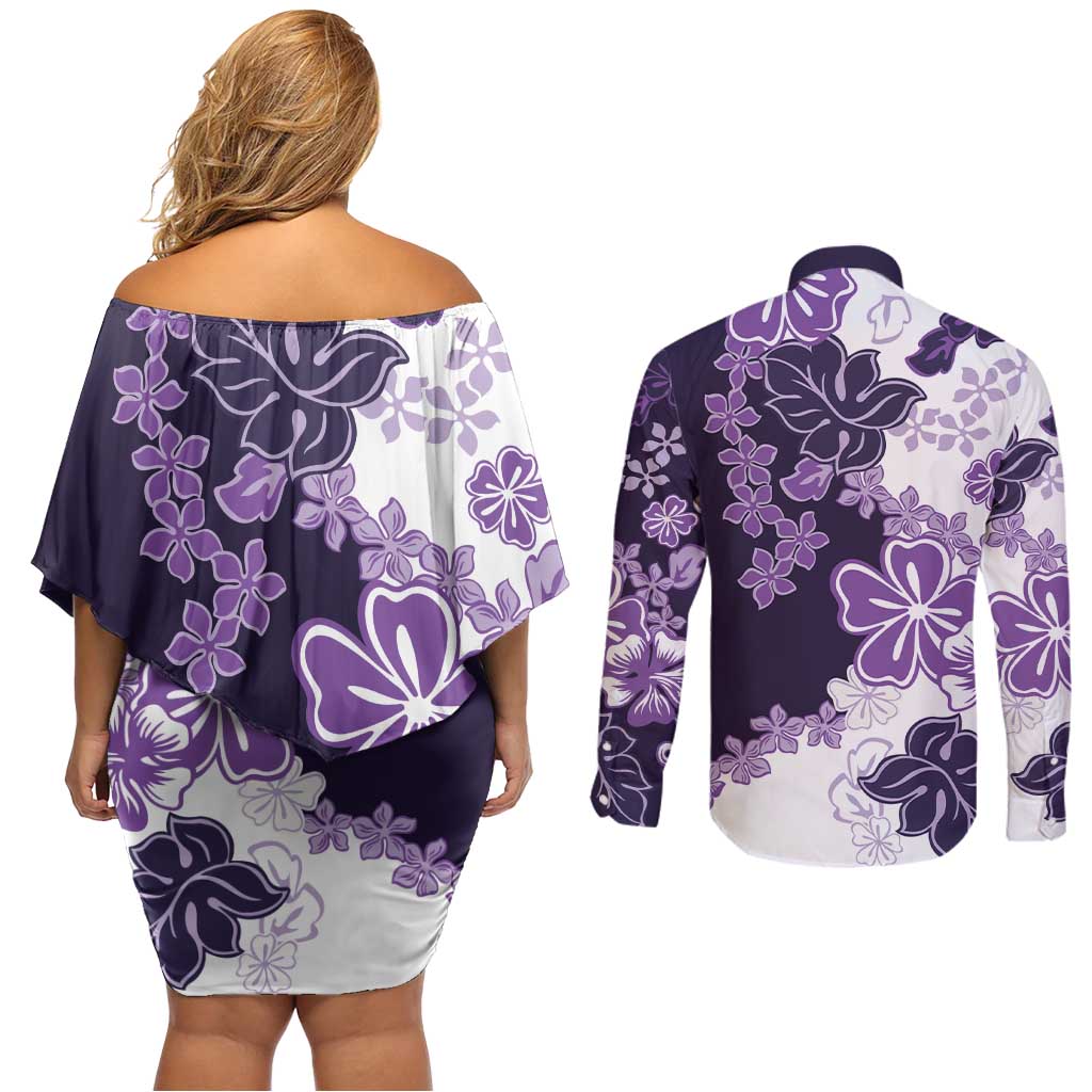 Purple Hibiscus Plumeria Floral Couples Matching Off Shoulder Short Dress and Long Sleeve Button Shirt - Polynesian Pride