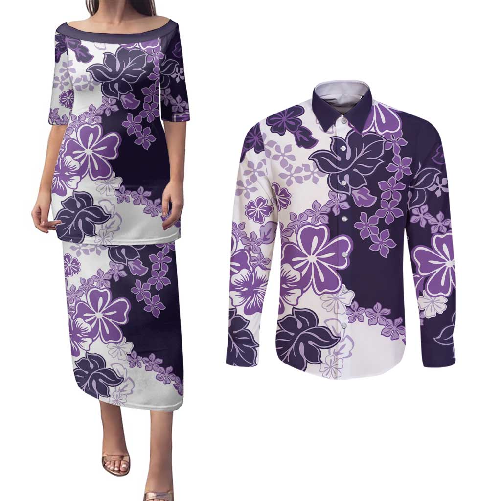 Purple Hibiscus Plumeria Floral Couples Matching Puletasi and Long Sleeve Button Shirt - Polynesian Pride