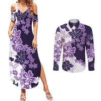 Purple Hibiscus Plumeria Floral Couples Matching Summer Maxi Dress and Long Sleeve Button Shirt - Polynesian Pride