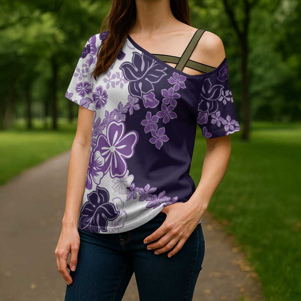 Purple Hibiscus Plumeria Floral Cross Shoulder Shirt - Polynesian Pride