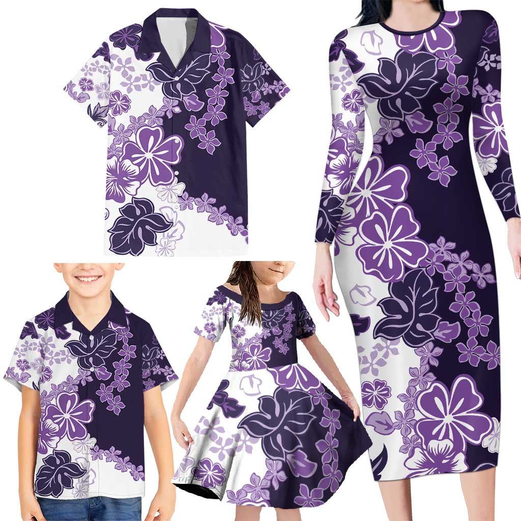 Purple Hibiscus Plumeria Floral Family Matching Long Sleeve Bodycon Dress and Hawaiian Shirt LT01 - Polynesian Pride