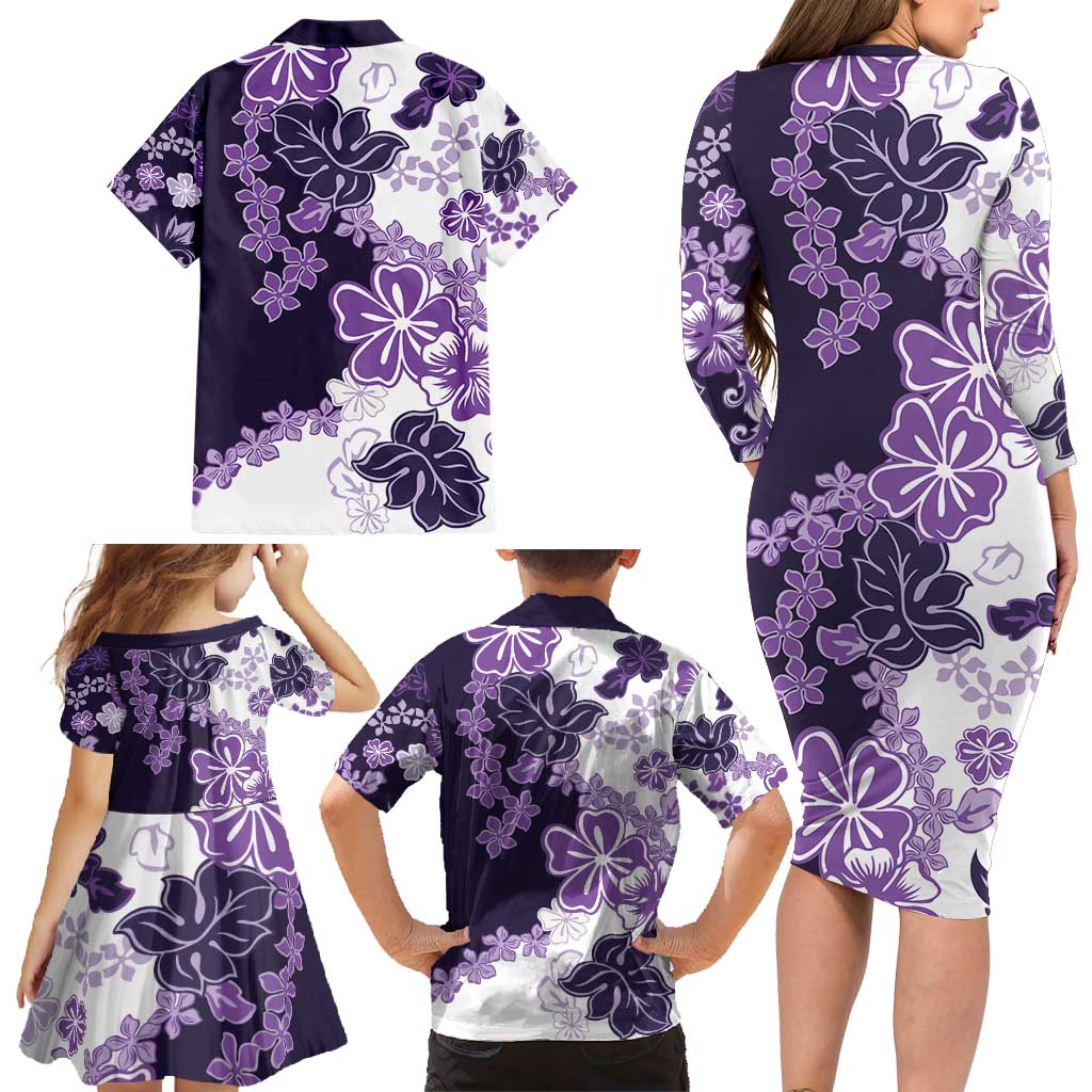 Purple Hibiscus Plumeria Floral Family Matching Long Sleeve Bodycon Dress and Hawaiian Shirt LT01 - Polynesian Pride