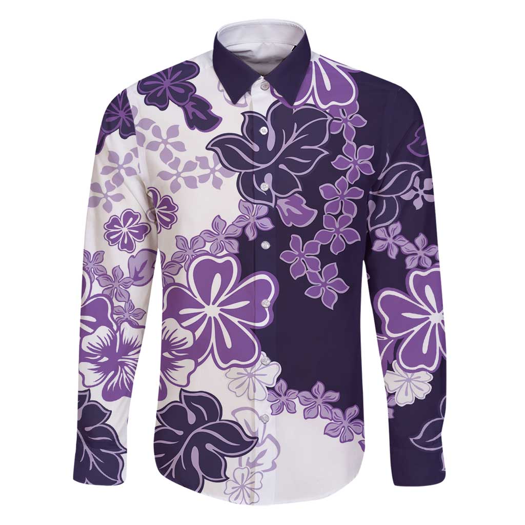 Purple Hibiscus Plumeria Floral Family Matching Puletasi and Hawaiian Shirt LT01 Dad's Shirt - Long Sleeve Purple - Polynesian Pride