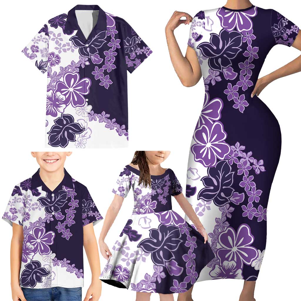 Purple Hibiscus Plumeria Floral Family Matching Short Sleeve Bodycon Dress and Hawaiian Shirt LT01 - Polynesian Pride