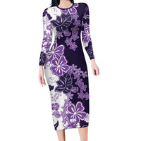 Purple Hibiscus Plumeria Floral Long Sleeve Bodycon Dress - Polynesian Pride