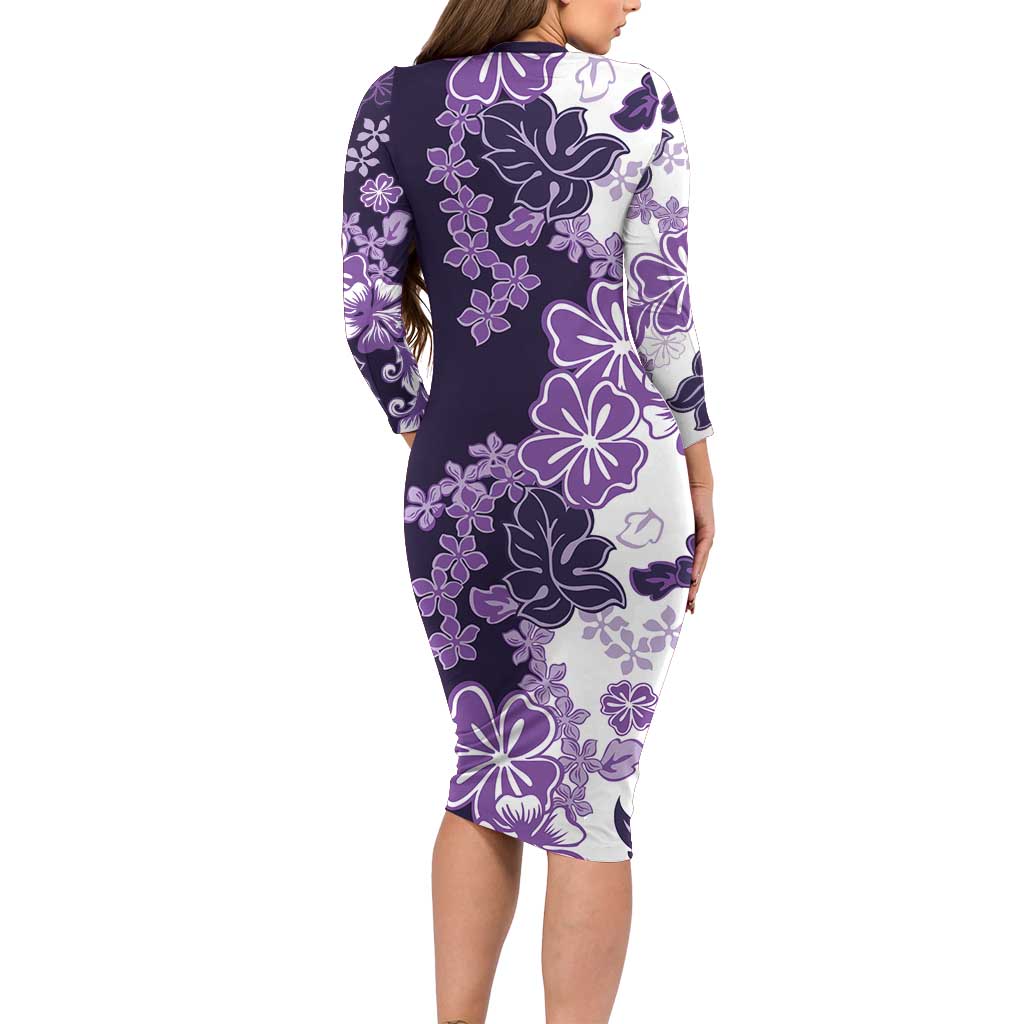 Purple Hibiscus Plumeria Floral Long Sleeve Bodycon Dress - Polynesian Pride