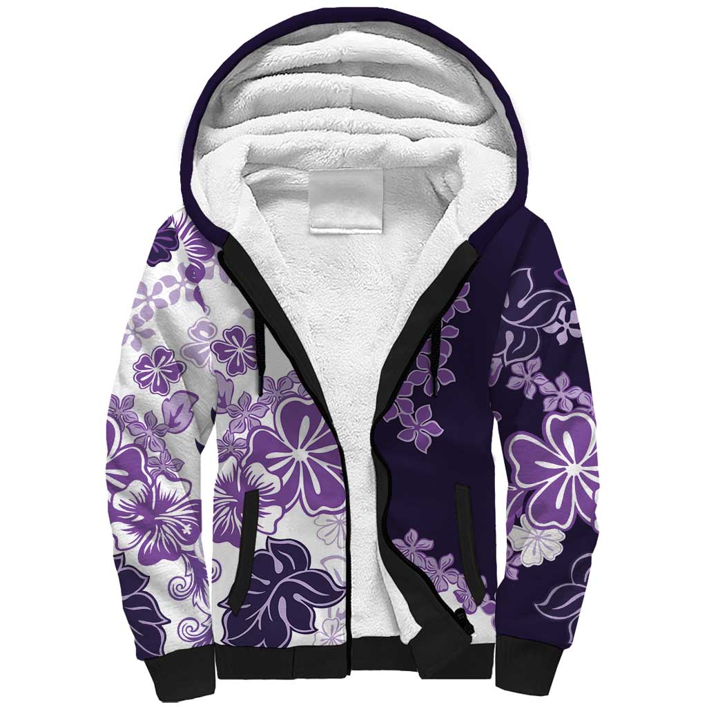 Purple Hibiscus Plumeria Floral Sherpa Hoodie - Polynesian Pride