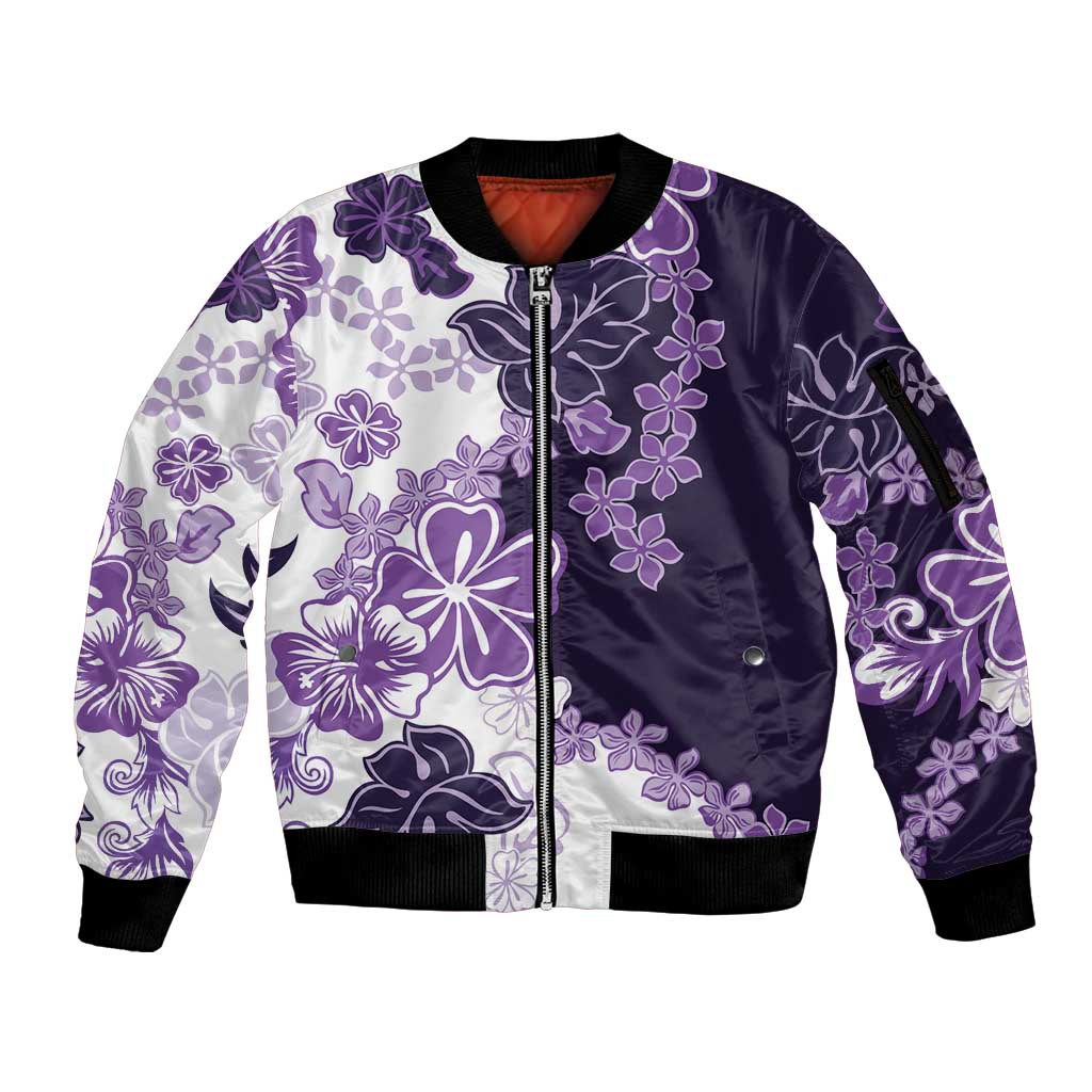 Purple Hibiscus Plumeria Floral Sleeve Zip Bomber Jacket - Polynesian Pride
