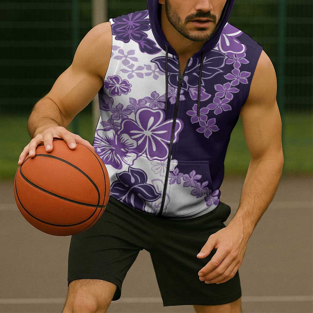 Purple Hibiscus Plumeria Floral Sleeveless Zip Hoodie - Polynesian Pride