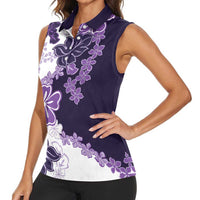 Purple Hibiscus Plumeria Floral Women Sleeveless Polo Shirt - Polynesian Pride