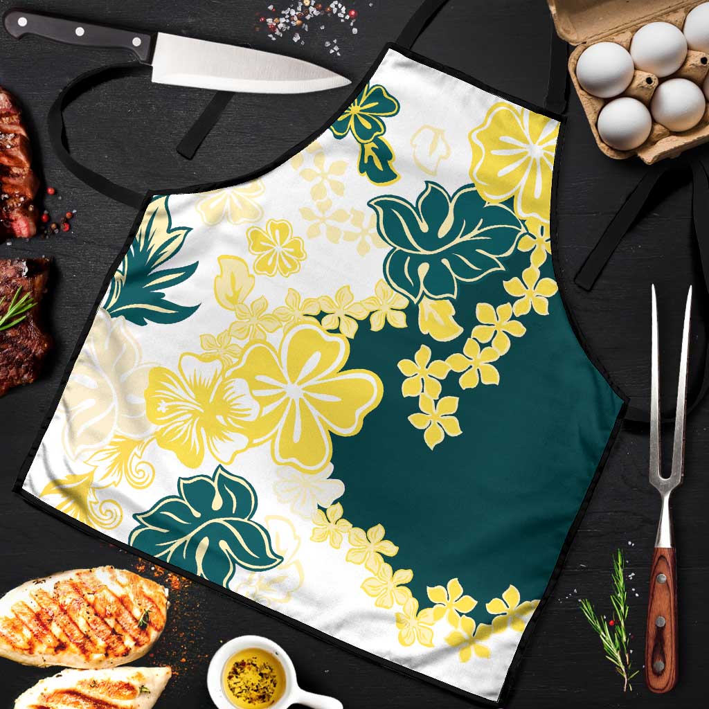 Yelow Teal Hibiscus Plumeria Floral Apron - Polynesian Pride