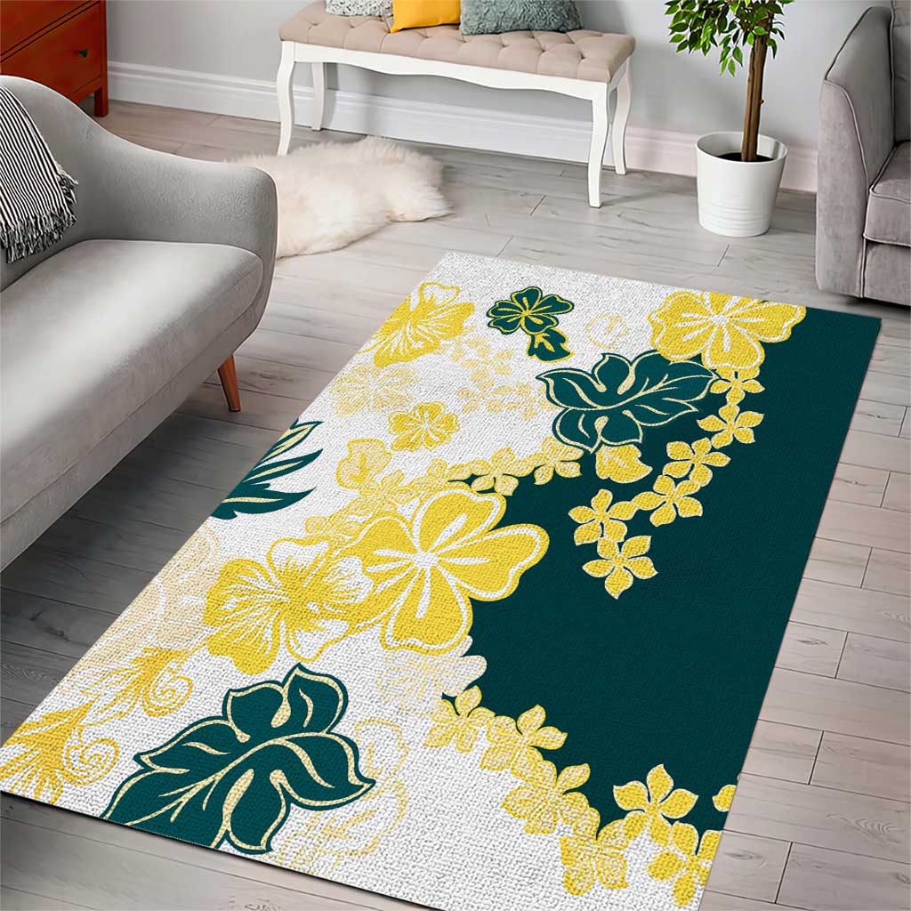 Yelow Teal Hibiscus Plumeria Floral Area Rug - Polynesian Pride