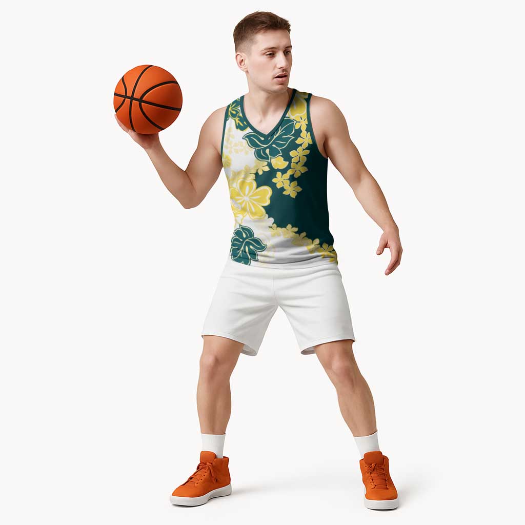 Yelow Teal Hibiscus Plumeria Floral Basketball Jersey - Polynesian Pride