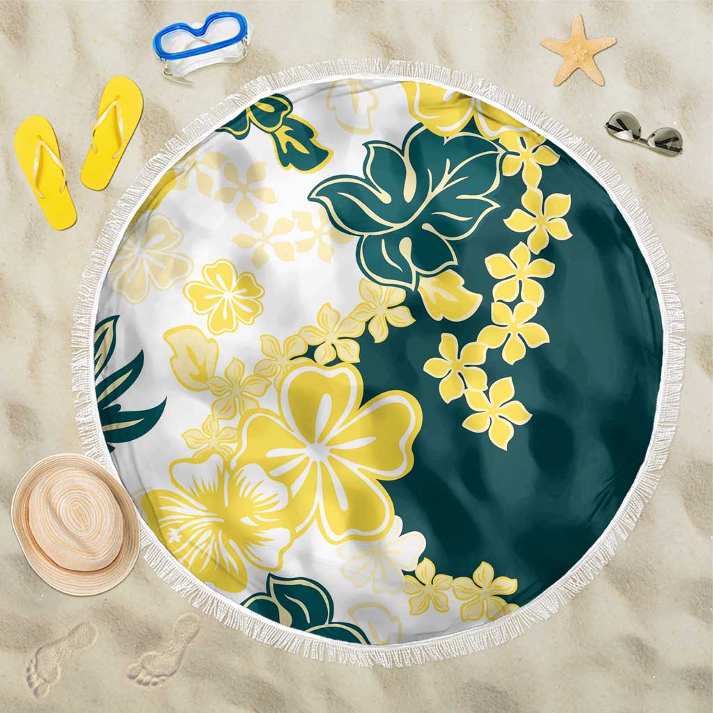 Yelow Teal Hibiscus Plumeria Floral Beach Blanket - Polynesian Pride