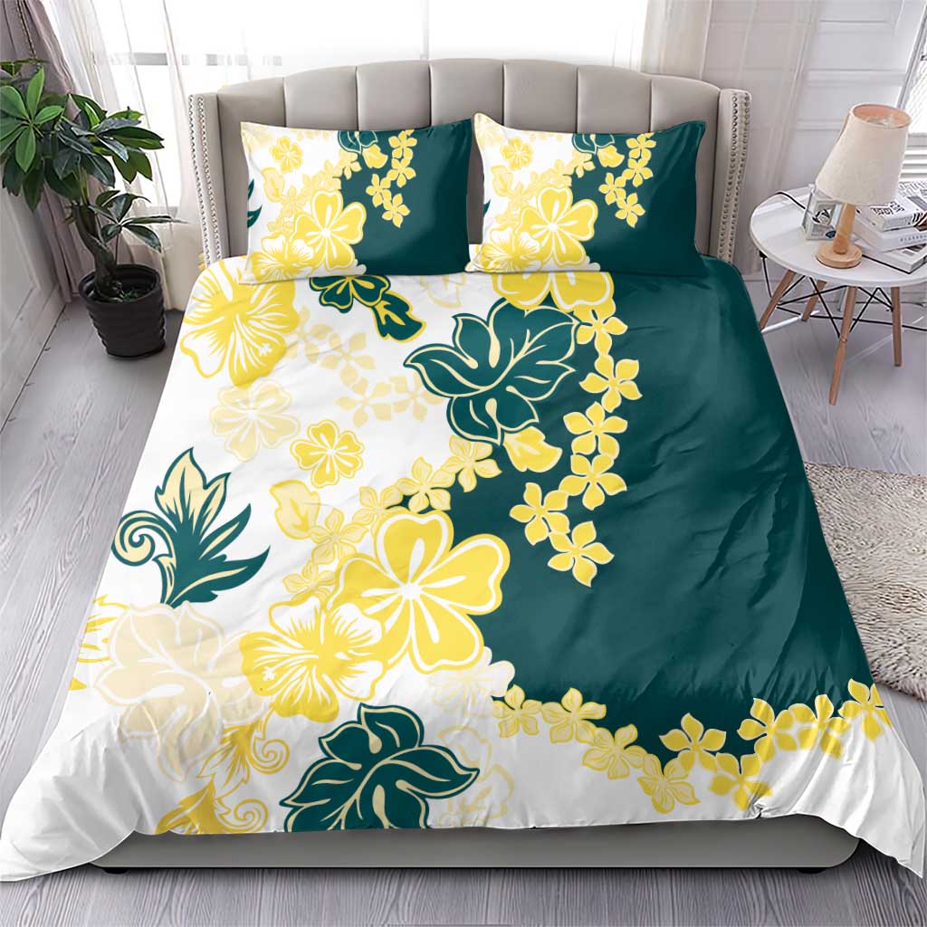 Yelow Teal Hibiscus Plumeria Floral Bedding Set - Polynesian Pride