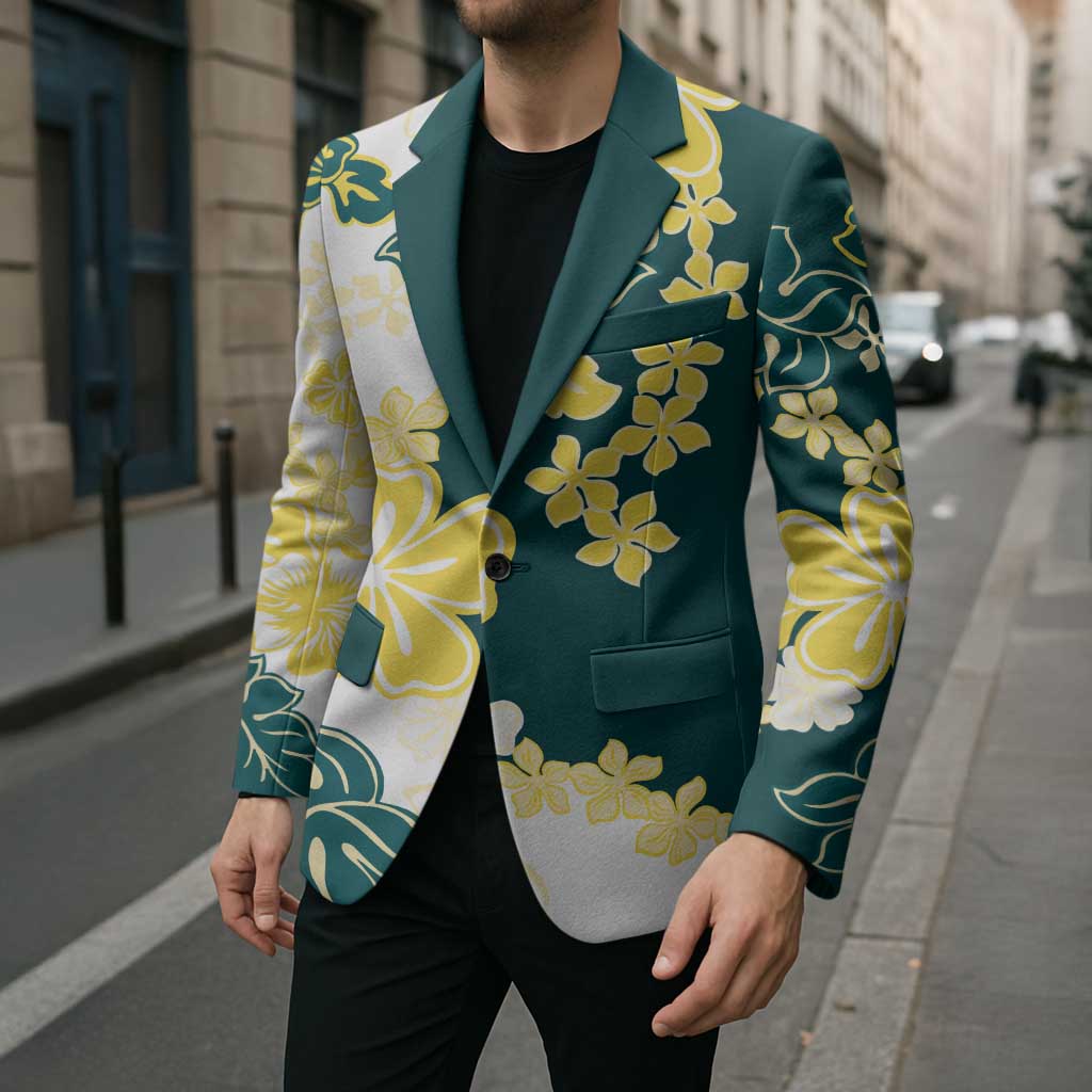 Yelow Teal Hibiscus Plumeria Floral Blazer - Polynesian Pride