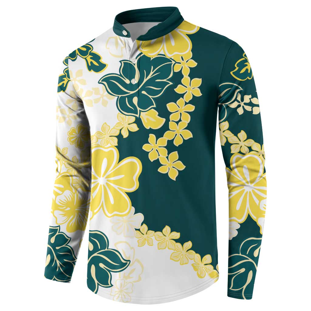 Yelow Teal Hibiscus Plumeria Floral Button Sweatshirt - Polynesian Pride