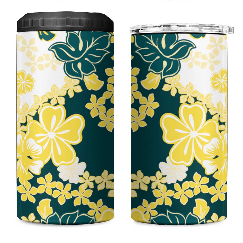 Yelow Teal Hibiscus Plumeria Floral 4 in 1 Can Cooler Tumbler - Polynesian Pride