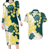 Yelow Teal Hibiscus Plumeria Floral Couples Matching Long Sleeve Bodycon Dress and Hawaiian Shirt LT01 Yellow - Polynesian Pride