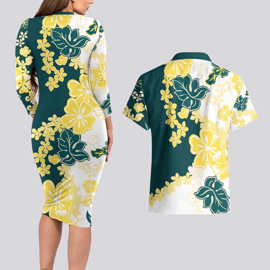 Yelow Teal Hibiscus Plumeria Floral Couples Matching Long Sleeve Bodycon Dress and Hawaiian Shirt LT01 - Polynesian Pride