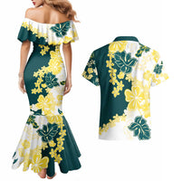 Yelow Teal Hibiscus Plumeria Floral Couples Matching Mermaid Dress and Hawaiian Shirt LT01 - Polynesian Pride