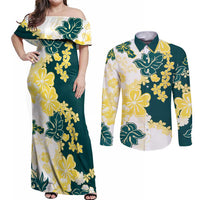 Yelow Teal Hibiscus Plumeria Floral Couples Matching Off Shoulder Maxi Dress and Long Sleeve Button Shirt - Polynesian Pride