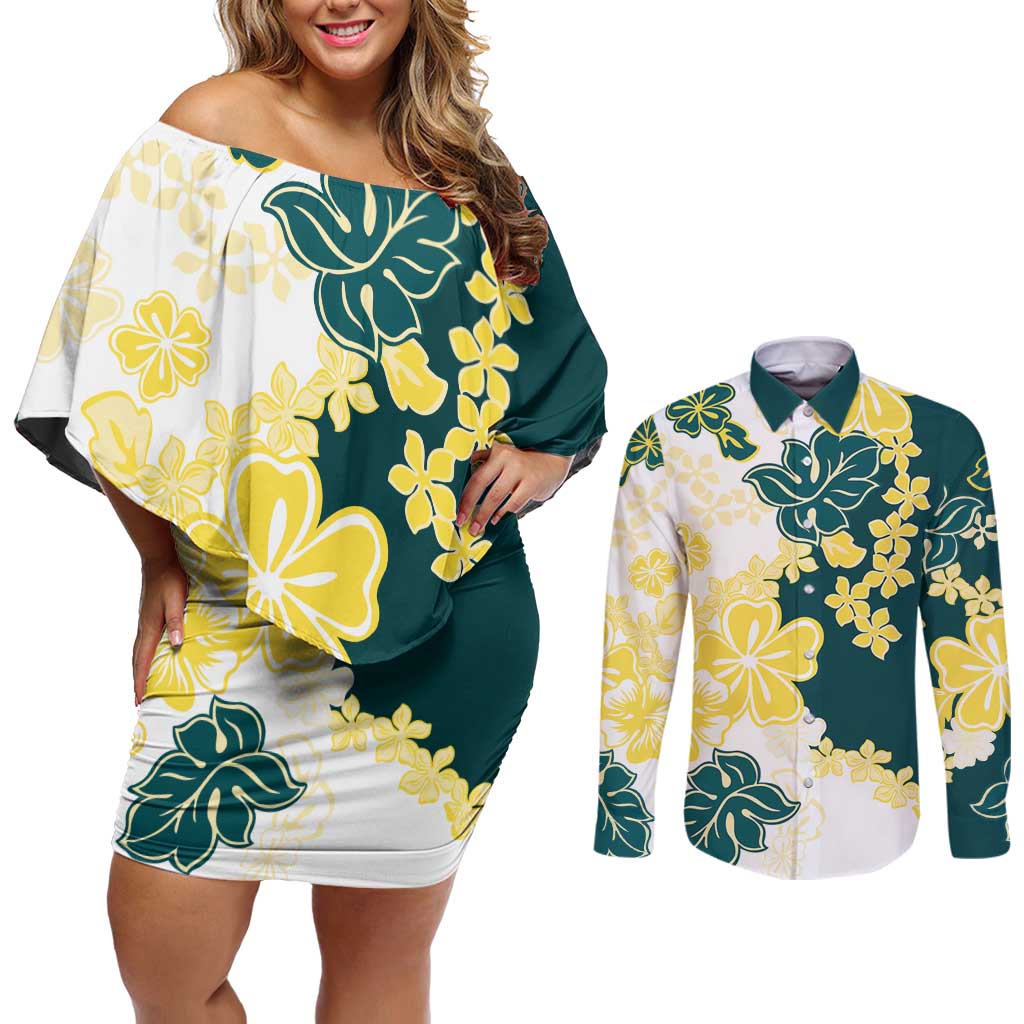 Yelow Teal Hibiscus Plumeria Floral Couples Matching Off Shoulder Short Dress and Long Sleeve Button Shirt LT01 Yellow - Polynesian Pride