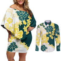 Yelow Teal Hibiscus Plumeria Floral Couples Matching Off Shoulder Short Dress and Long Sleeve Button Shirt LT01 Yellow - Polynesian Pride