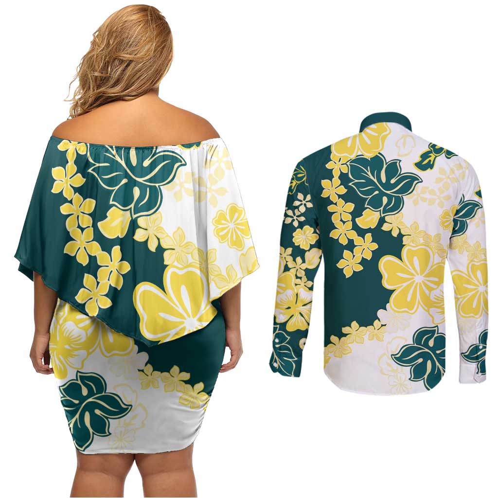 Yelow Teal Hibiscus Plumeria Floral Couples Matching Off Shoulder Short Dress and Long Sleeve Button Shirt LT01 - Polynesian Pride