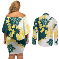 Yelow Teal Hibiscus Plumeria Floral Couples Matching Off Shoulder Short Dress and Long Sleeve Button Shirt LT01 - Polynesian Pride