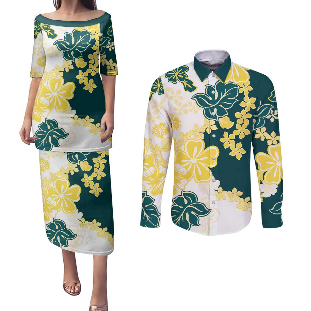 Yelow Teal Hibiscus Plumeria Floral Couples Matching Puletasi and Long Sleeve Button Shirt - Polynesian Pride