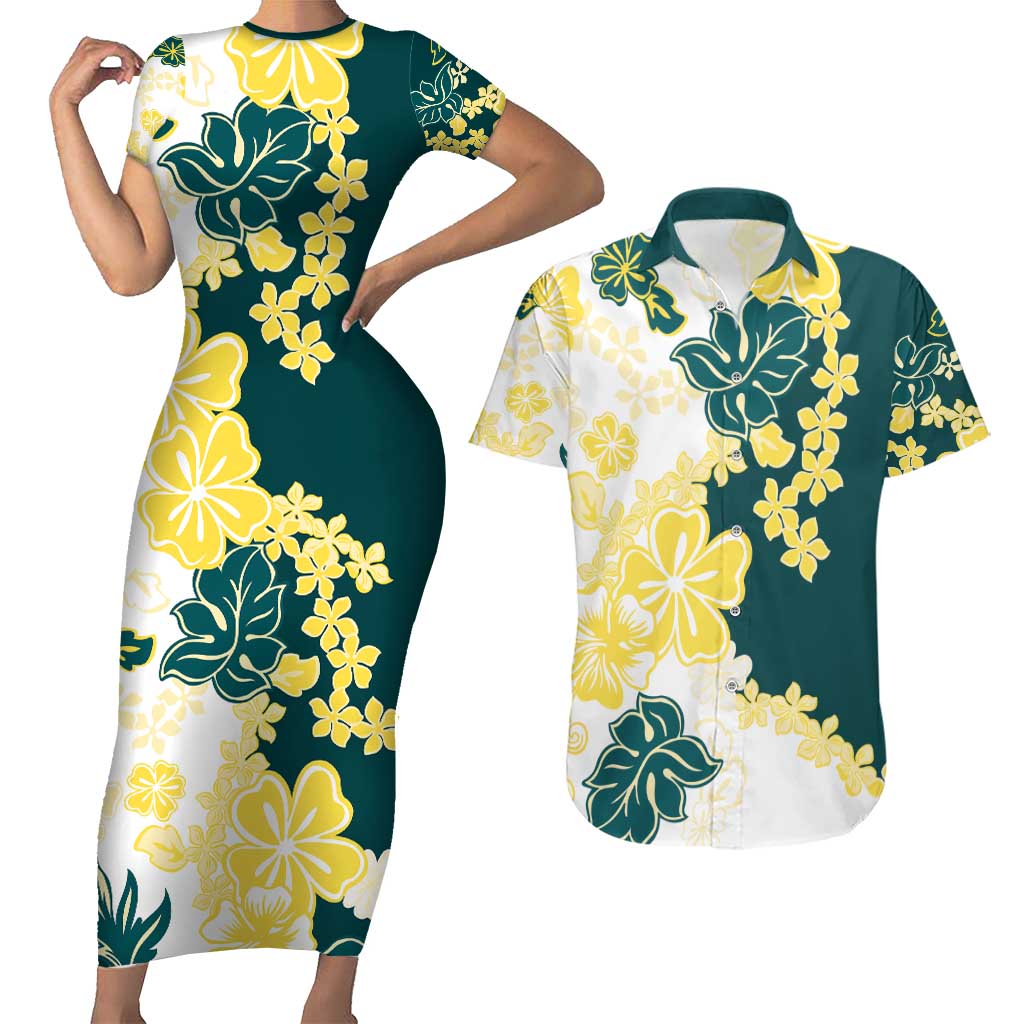 Yelow Teal Hibiscus Plumeria Floral Couples Matching Short Sleeve Bodycon Dress and Hawaiian Shirt LT01 Yellow - Polynesian Pride