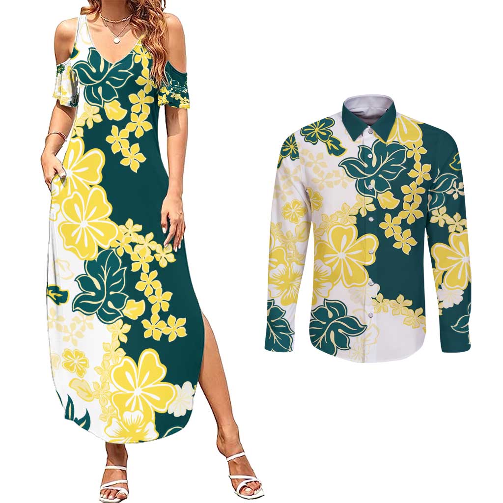Yelow Teal Hibiscus Plumeria Floral Couples Matching Summer Maxi Dress and Long Sleeve Button Shirt - Polynesian Pride