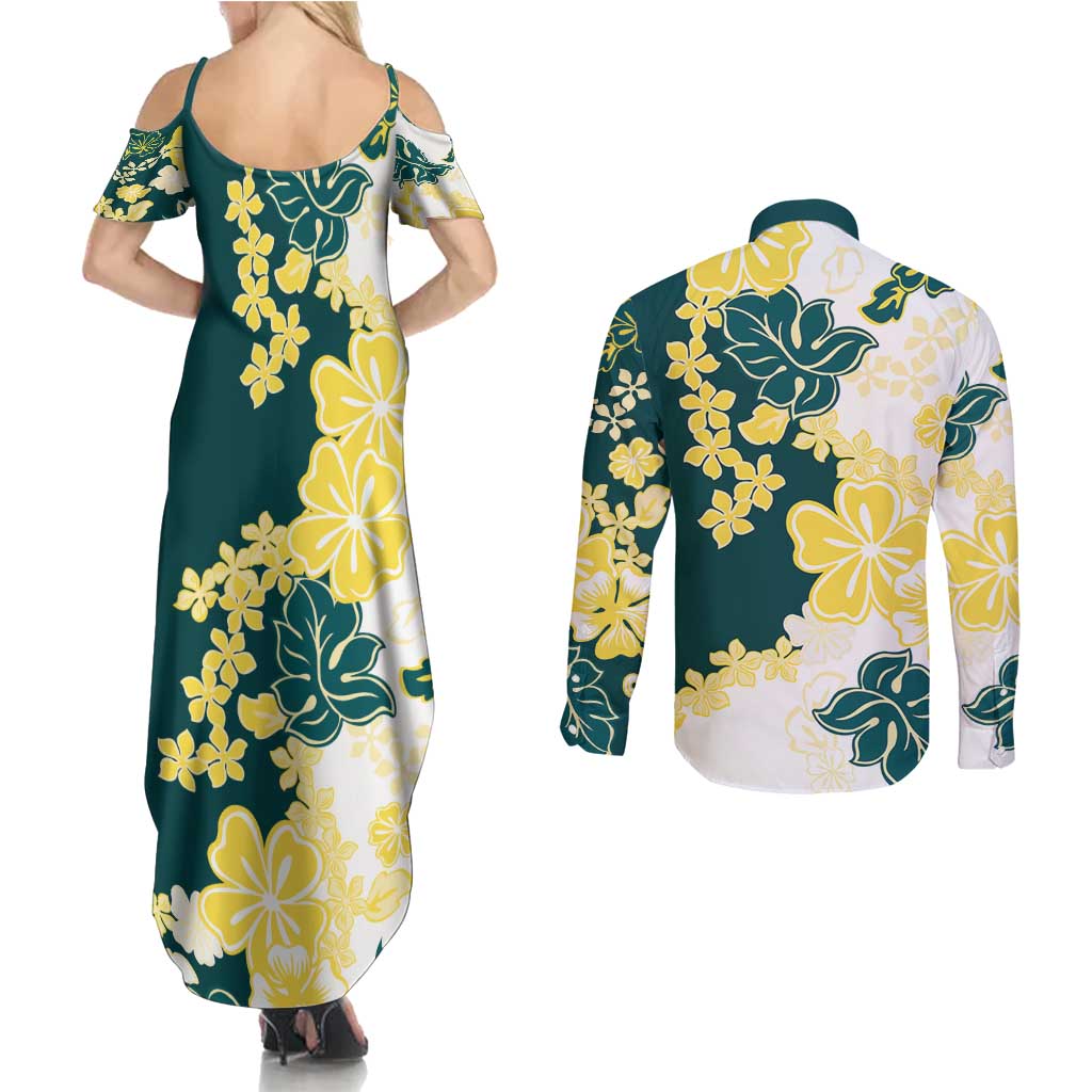 Yelow Teal Hibiscus Plumeria Floral Couples Matching Summer Maxi Dress and Long Sleeve Button Shirt - Polynesian Pride
