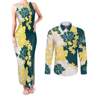 Yelow Teal Hibiscus Plumeria Floral Couples Matching Tank Maxi Dress and Long Sleeve Button Shirt - Polynesian Pride